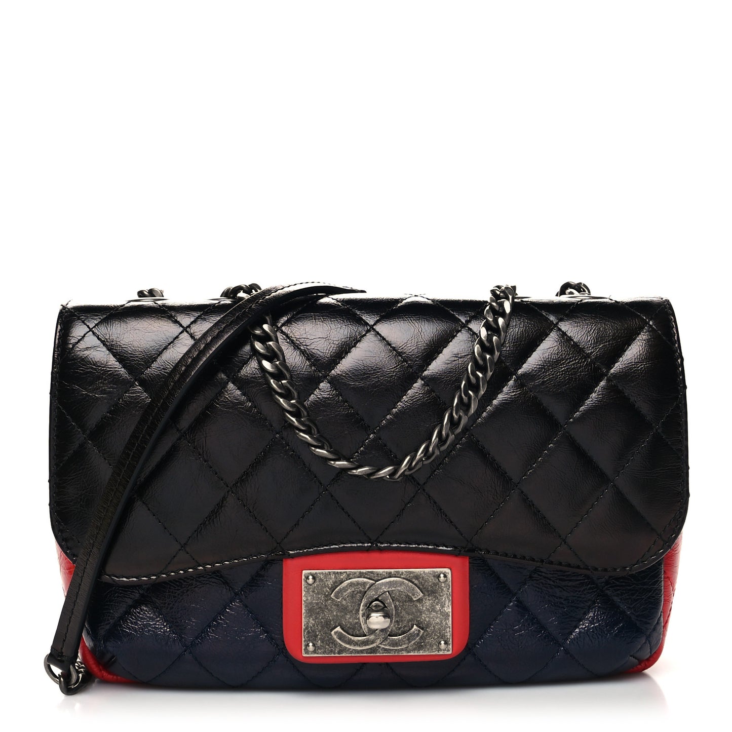 Shiny Goatskin Quilted Tri-Color Flap Black Red Navy
