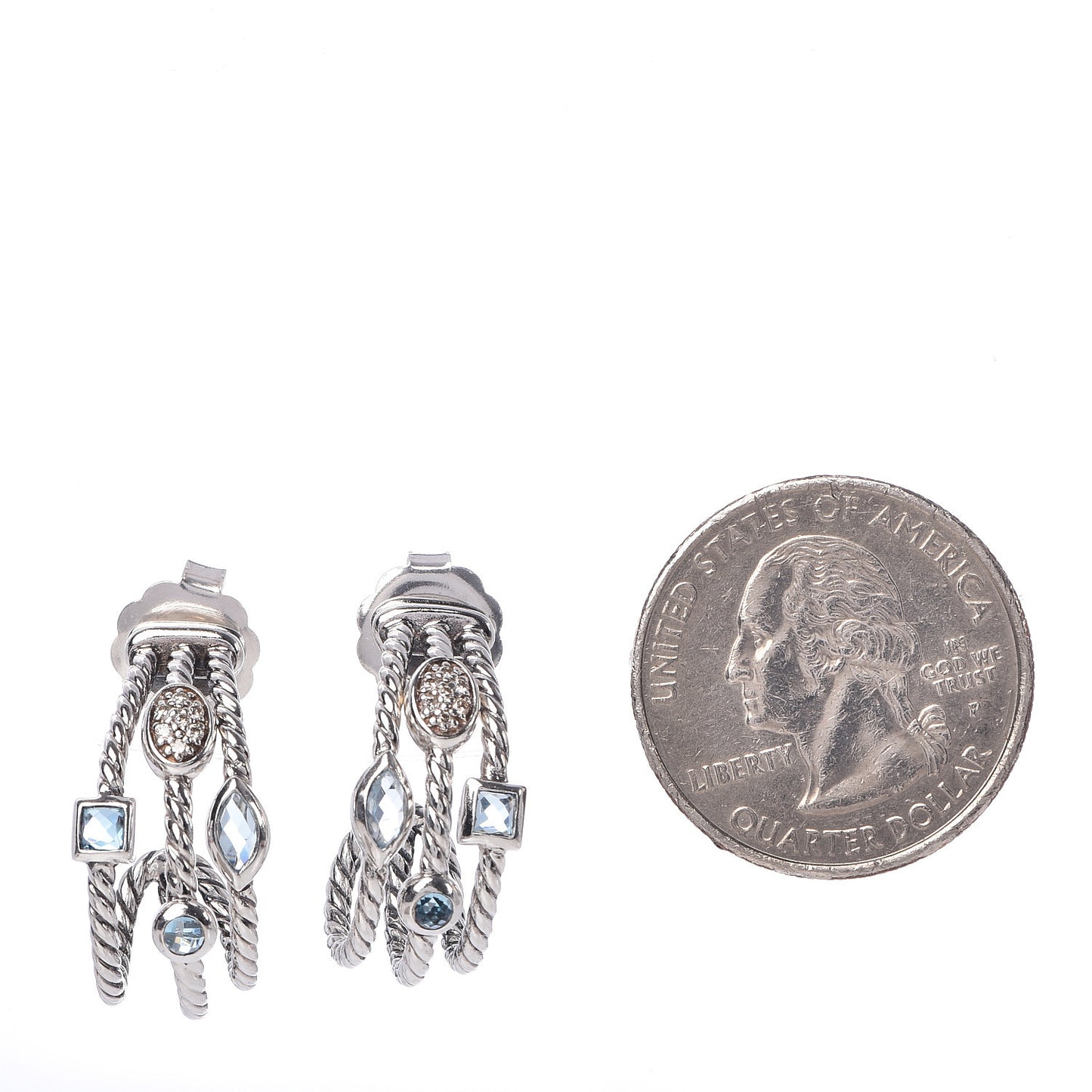 Sterling Silver Diamond Blue Topaz Confetti 3 Row Earrings
