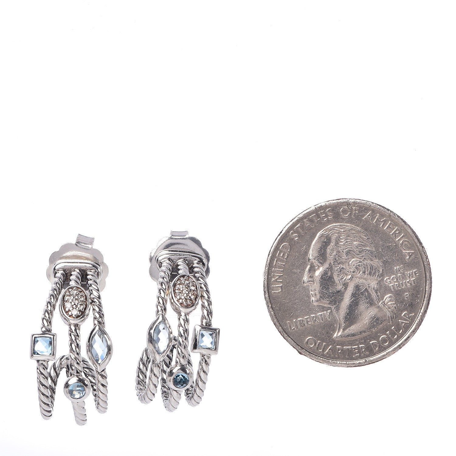 David Yurman Sterling Silver Diamond Blue Topaz Confetti 3 Row Earrings 2 of 4