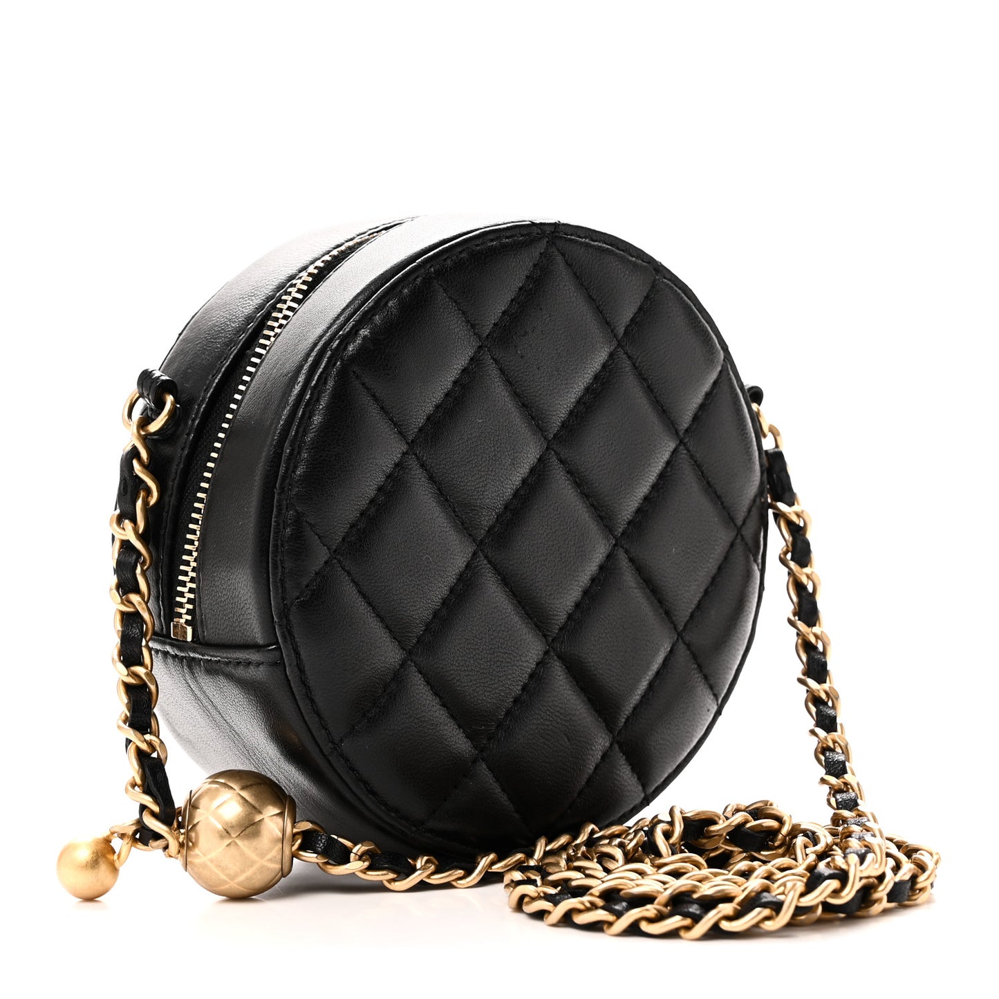 Lambskin Quilted Round Pearl Crush Clutch With Chain Black