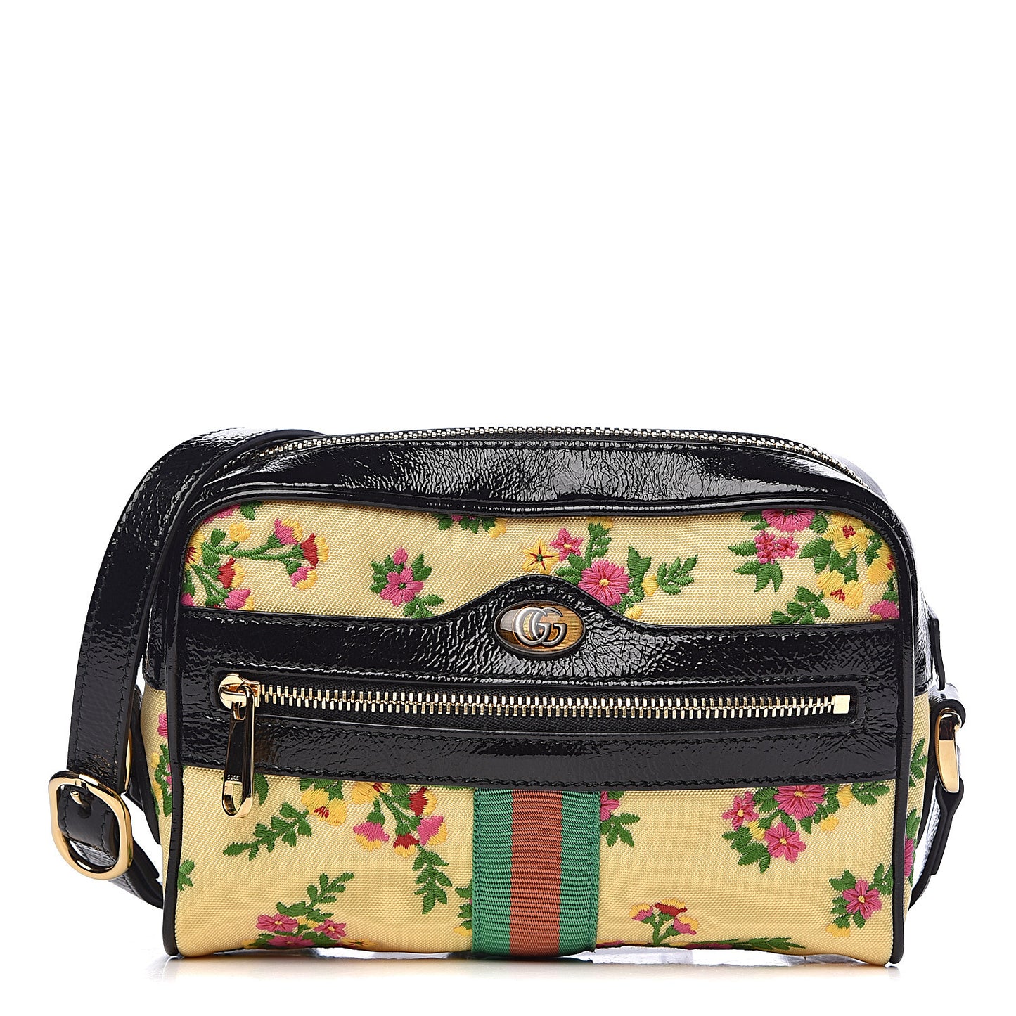 Canvas Patent Web Floral Embroidered Mini Ophidia Shoulder Bag
