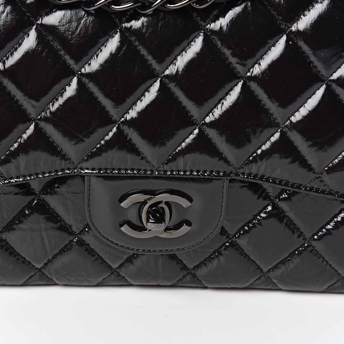 Shiny Distressed Calfskin Quilted Jumbo Double Flap So Black