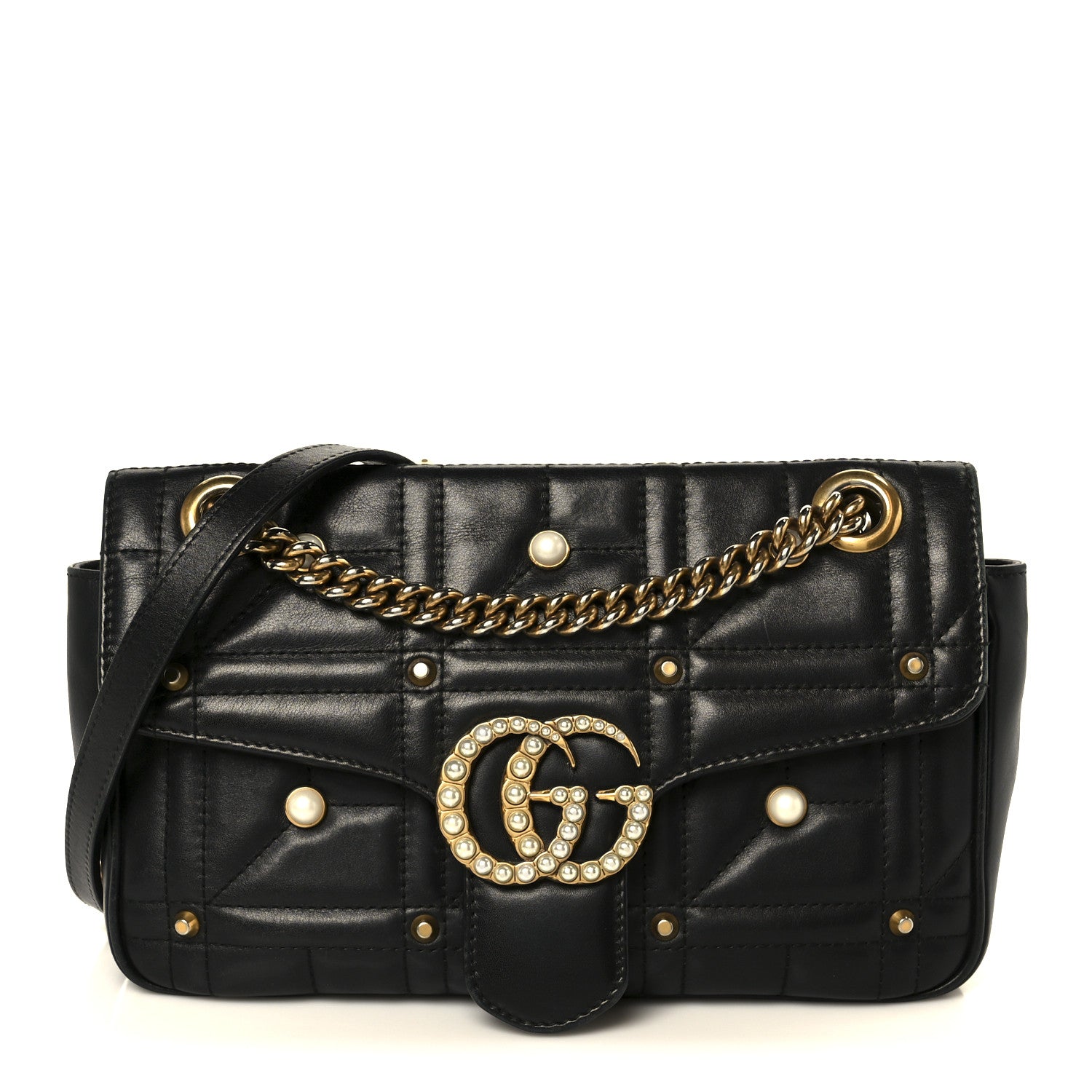 Gucci Calfskin Matelasse Studded Small Pearly GG Marmont Shoulder Bag Black 1 of 11