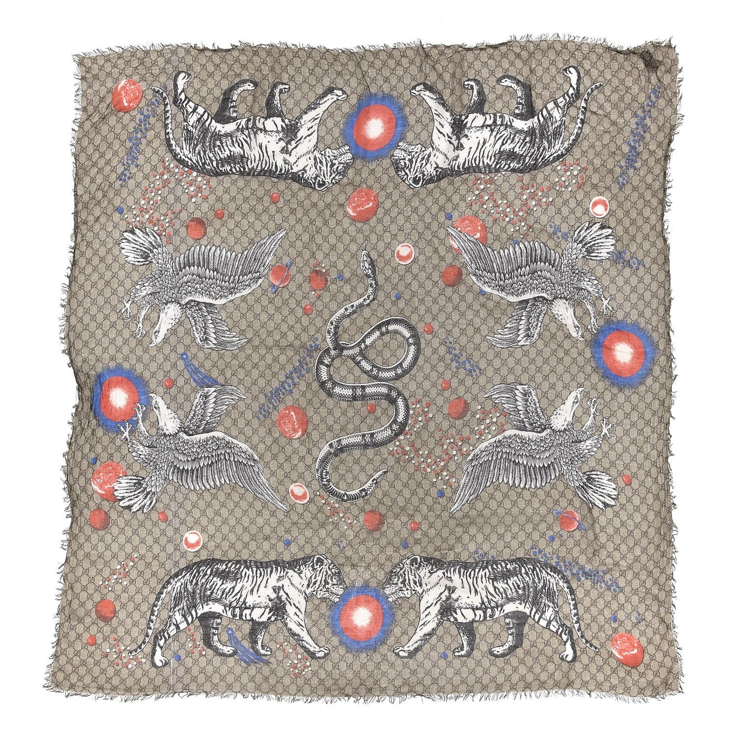 Silk Monogram Space Animals Scarf Beige
