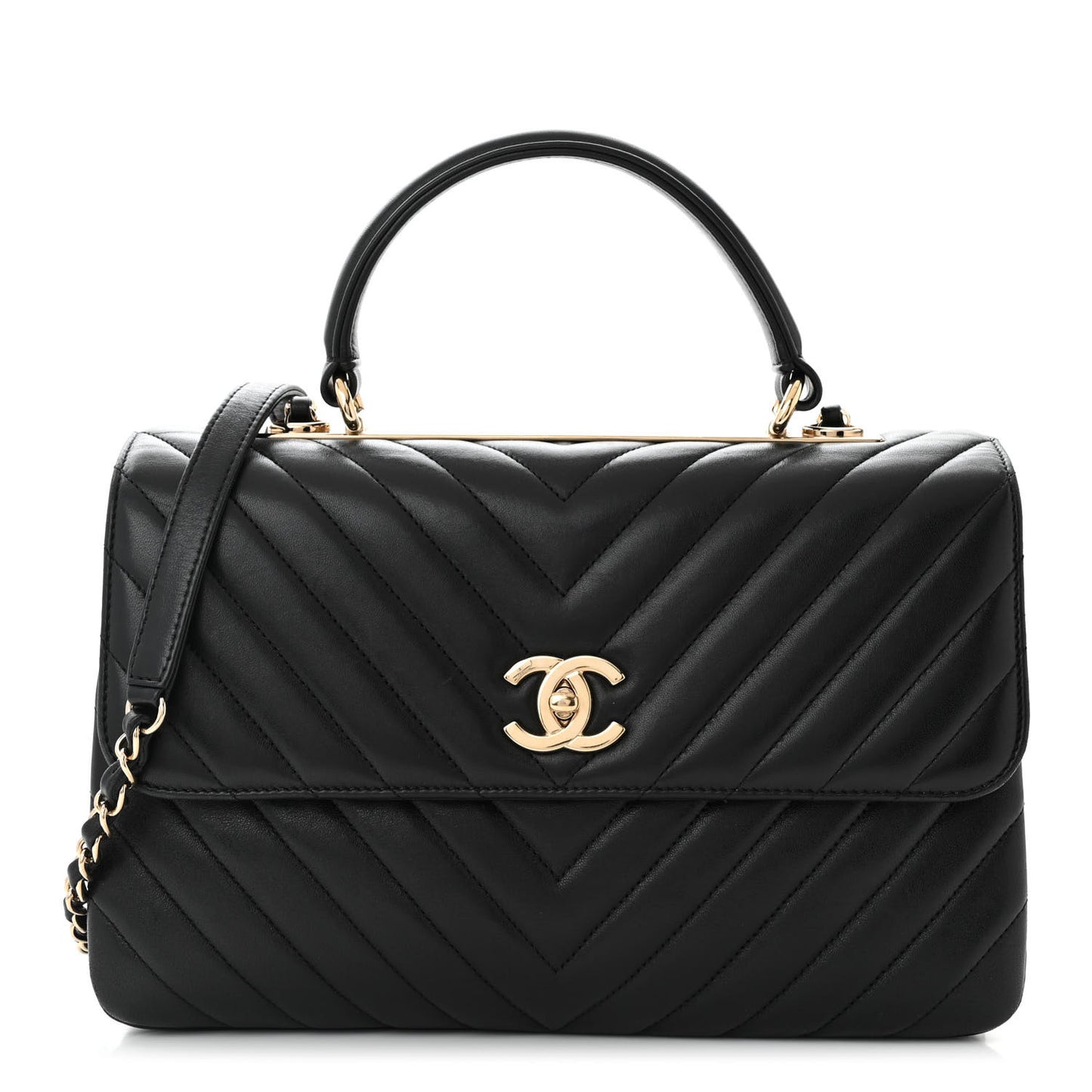 Lambskin Chevron Quilted Medium Trendy CC Dual Handle Flap Bag Black