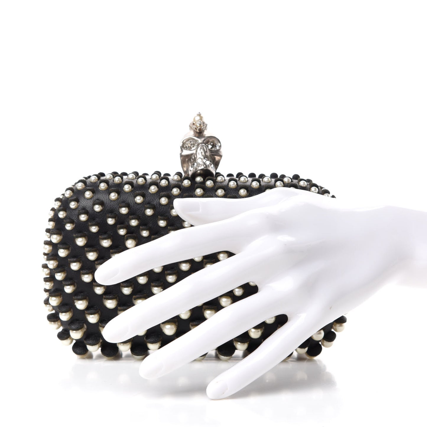 Pearl Embellished Calfskin Skull Box Clutch Black