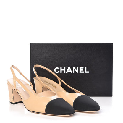 Chanel Goatskin Grosgrain Cap Toe CC Slingback Pumps 41 Beige Black 9 of 9