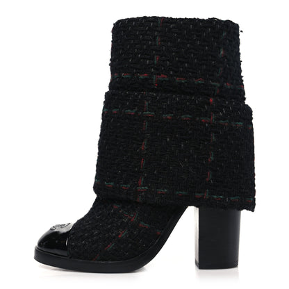 Chanel Tweed Patent CC Cap Toe Fold Over Boots 37 Black 1 of 10