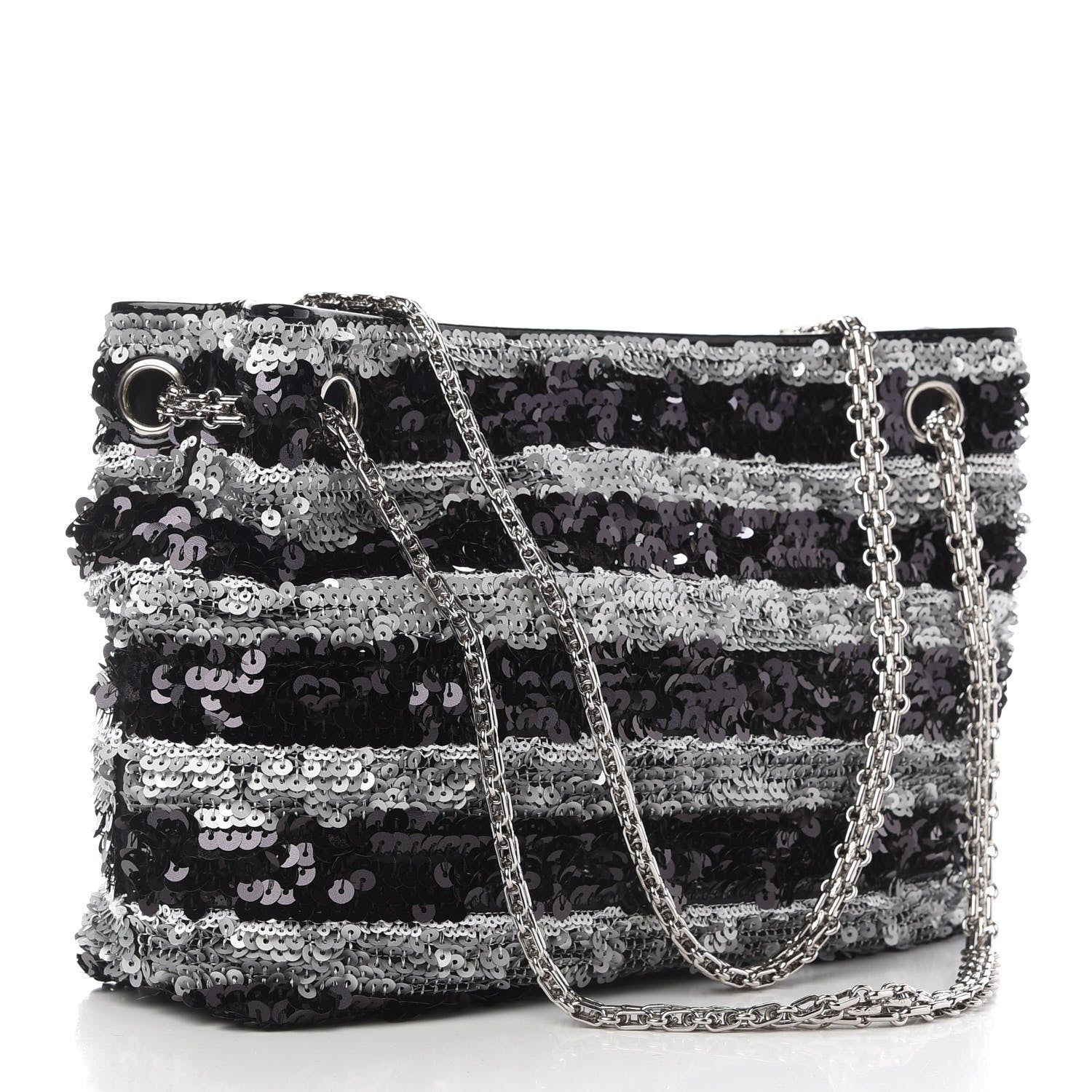 Chanel Sequin Striped Mademoiselle Tote Black Silver 3 of 9