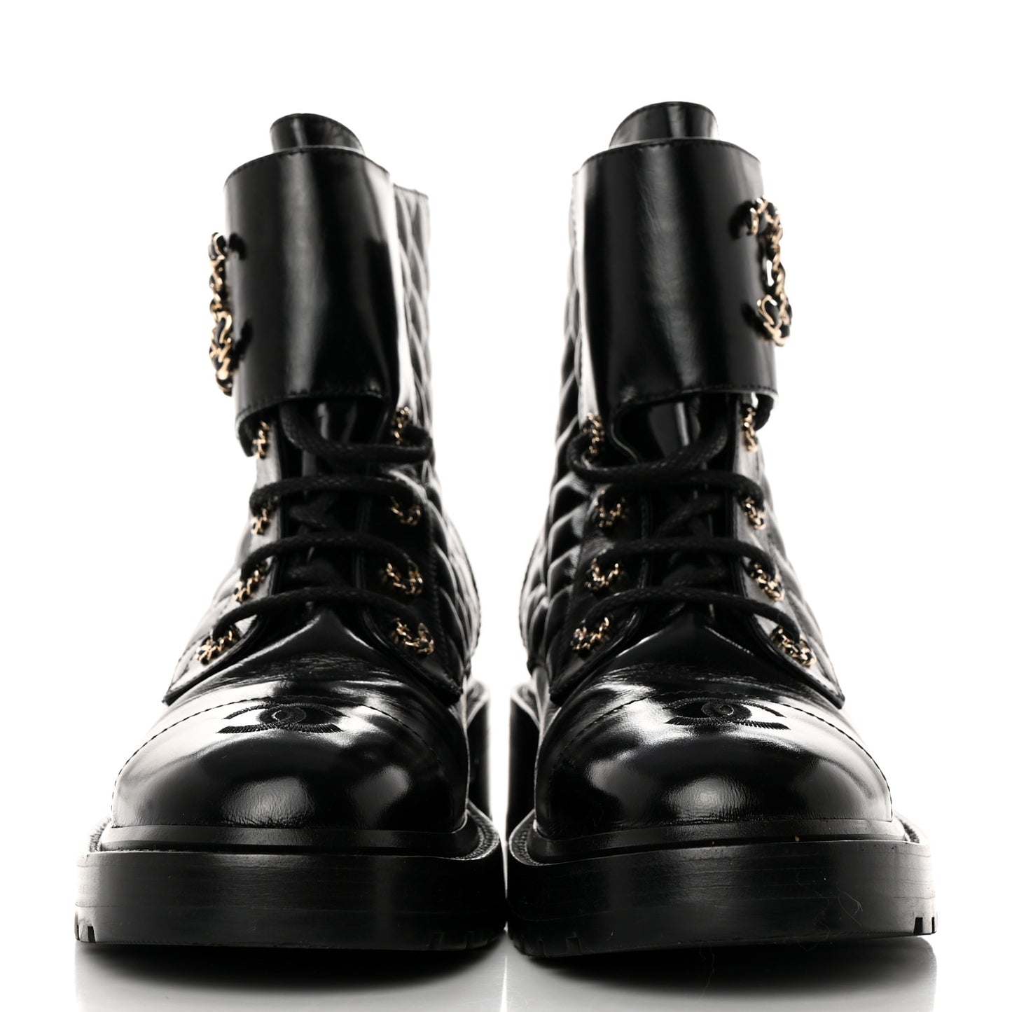 Shiny Calfskin Quilted Lace Up Combat Boots 41 Black