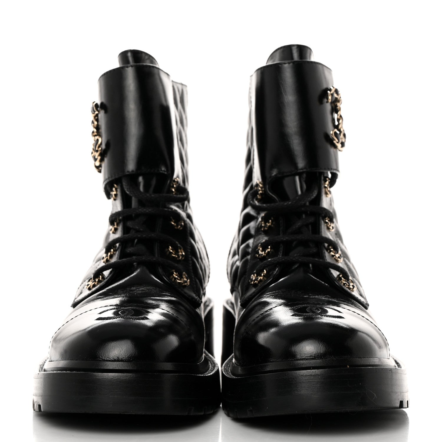 Chanel Shiny Calfskin Quilted Lace Up Combat Boots 41 Black 2 of 10