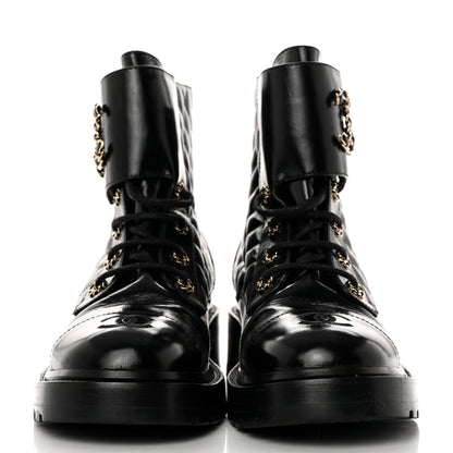 Chanel Shiny Calfskin Quilted Lace Up Combat Boots 41 Black 2 of 10