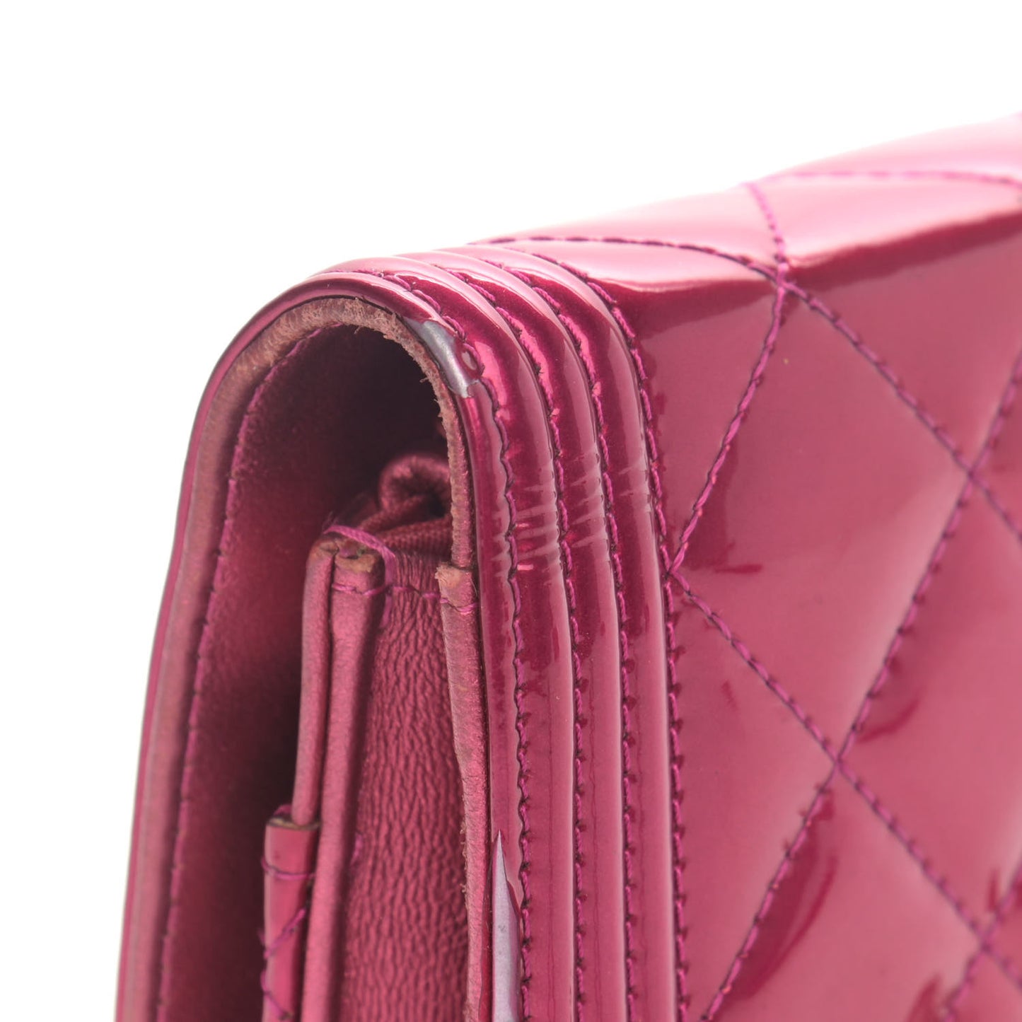 Metallic Patent Calfskin Quilted Boy Wallet On Chain WOC Fuchsia
