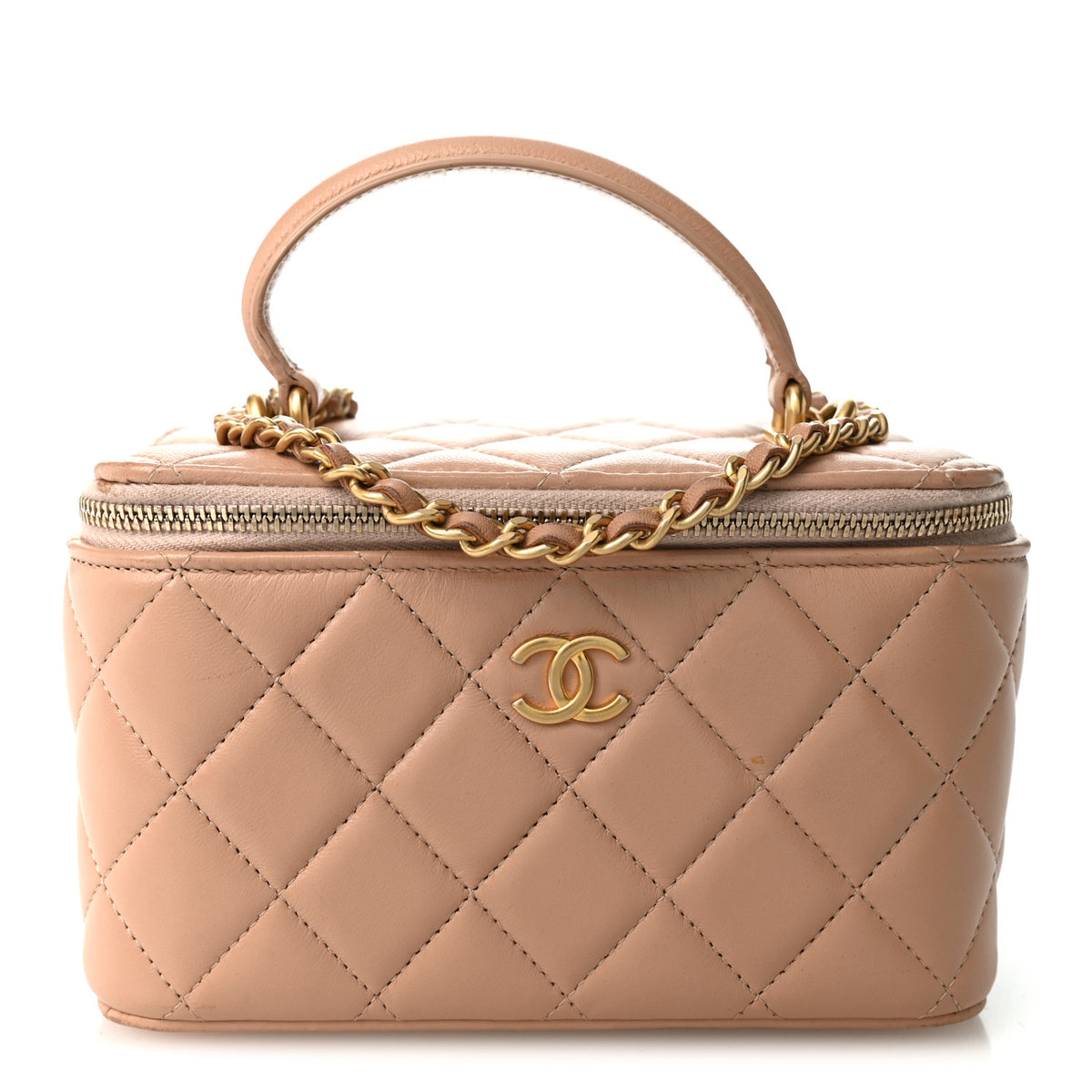Lambskin Quilted Small Top Handle Vanity Case With Chain Beige