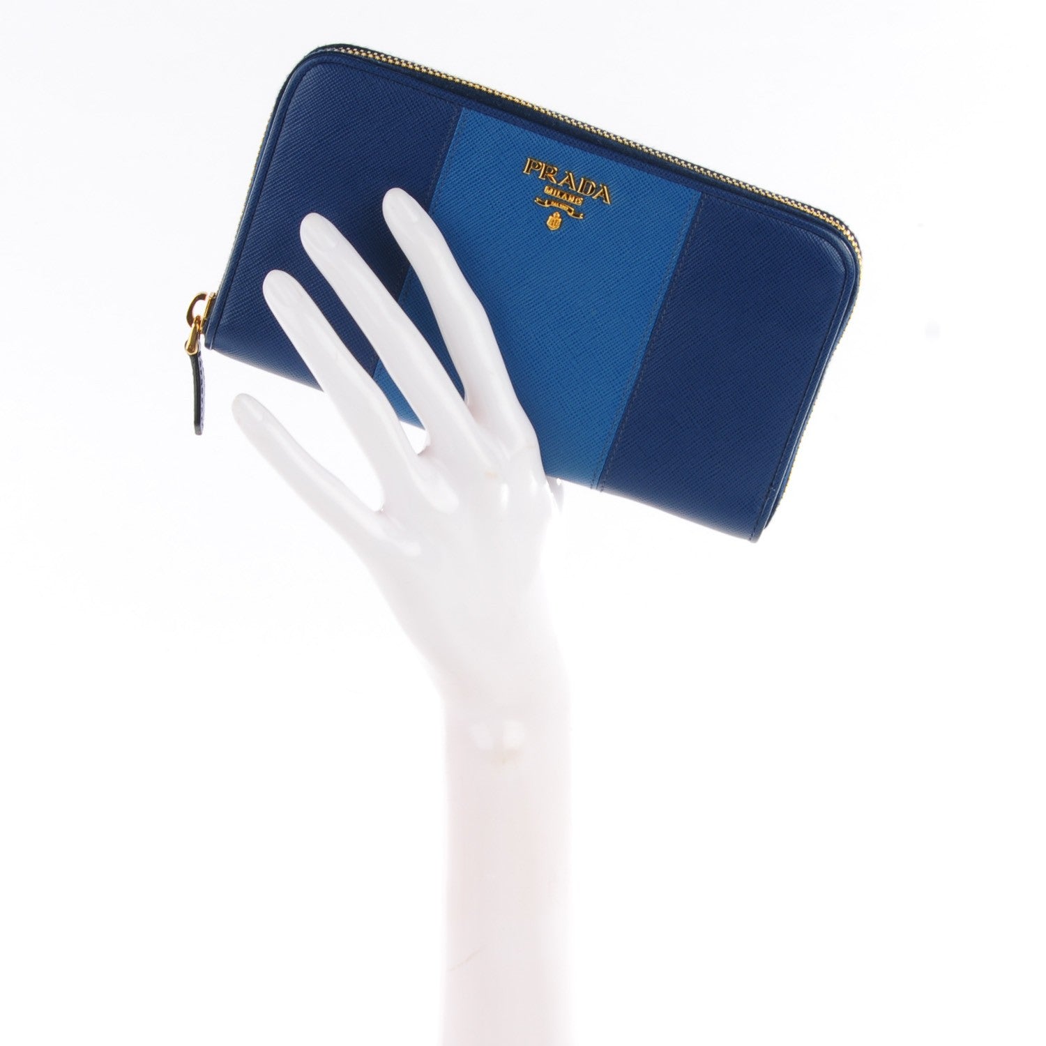 Prada Saffiano Bi-Color Metal Zip Around Wallet Cobalto Bleuette 2 of 9