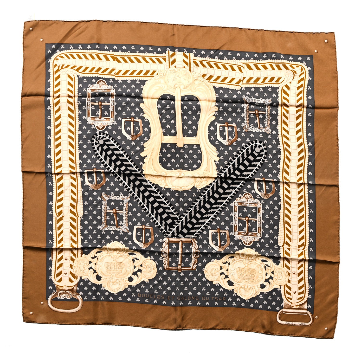 エルメス スカーフ カレ　Boucles et galons du tsar Hermes Silk Boucles Et Galons Du Tsar Scarf 90 Camel Black