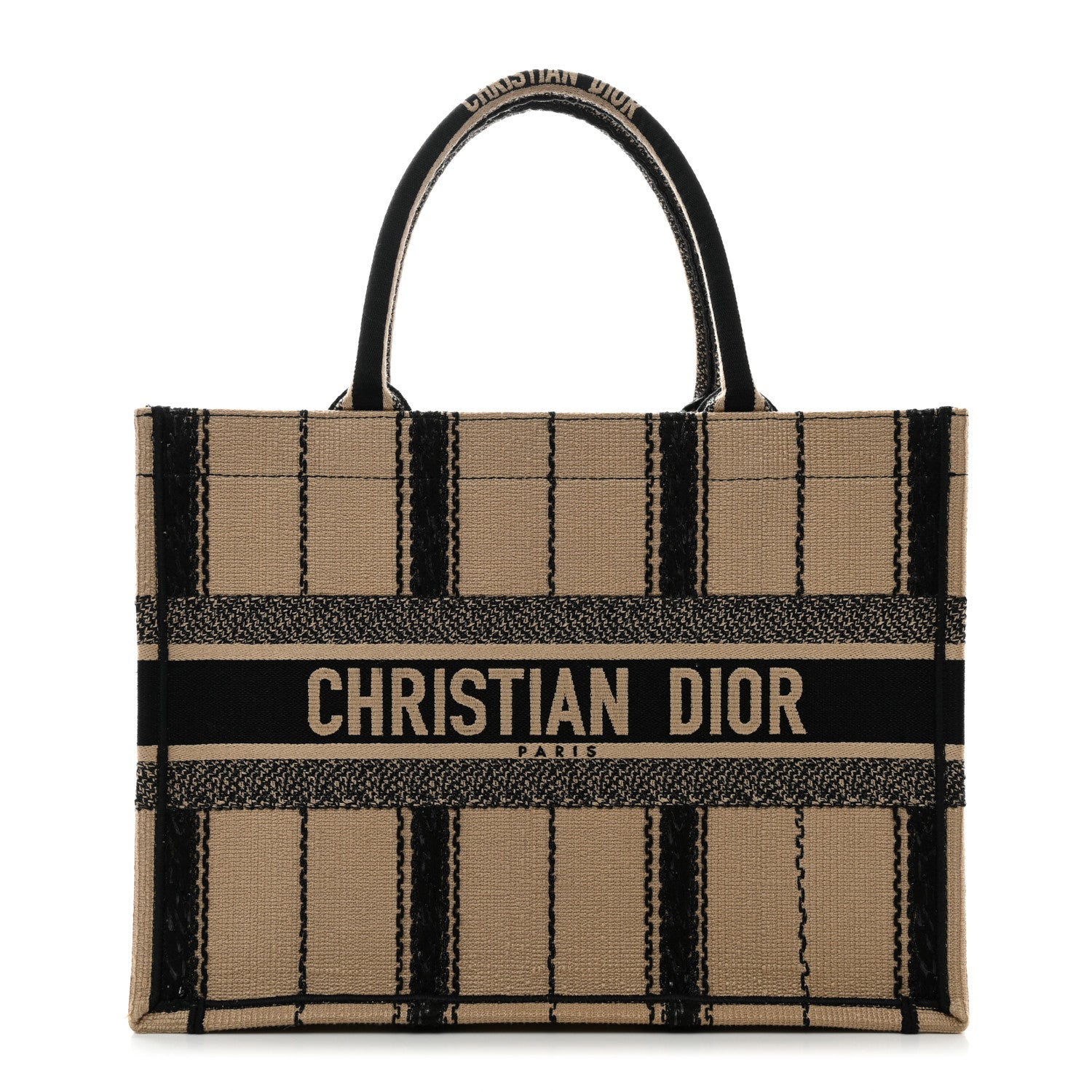 Christian Dior Canvas Embroidered Medium Bayadere Book Tote Black Beige 1 of 10