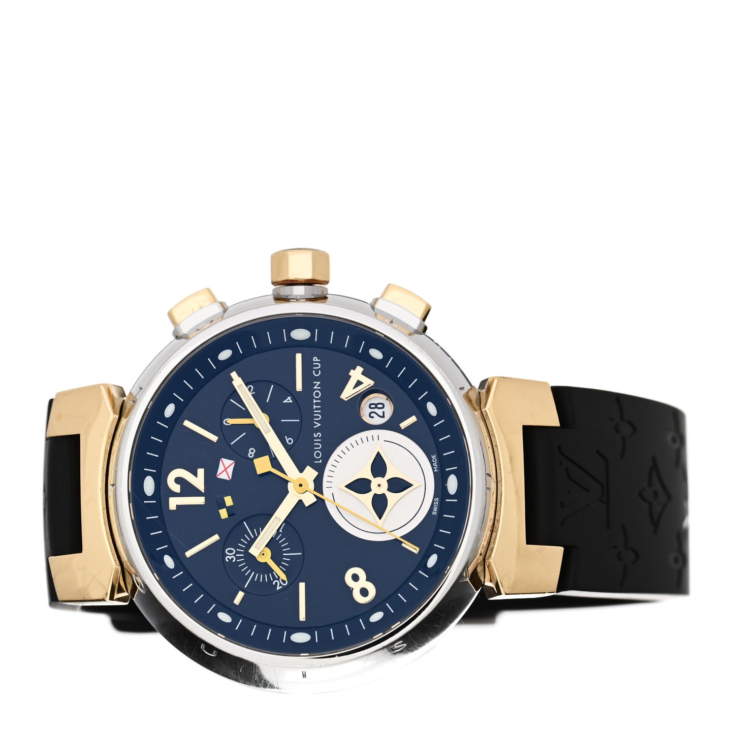Stainless Steel 18K Yellow Gold Rubber 34mm Tambour Chronograph Quartz Watch Black