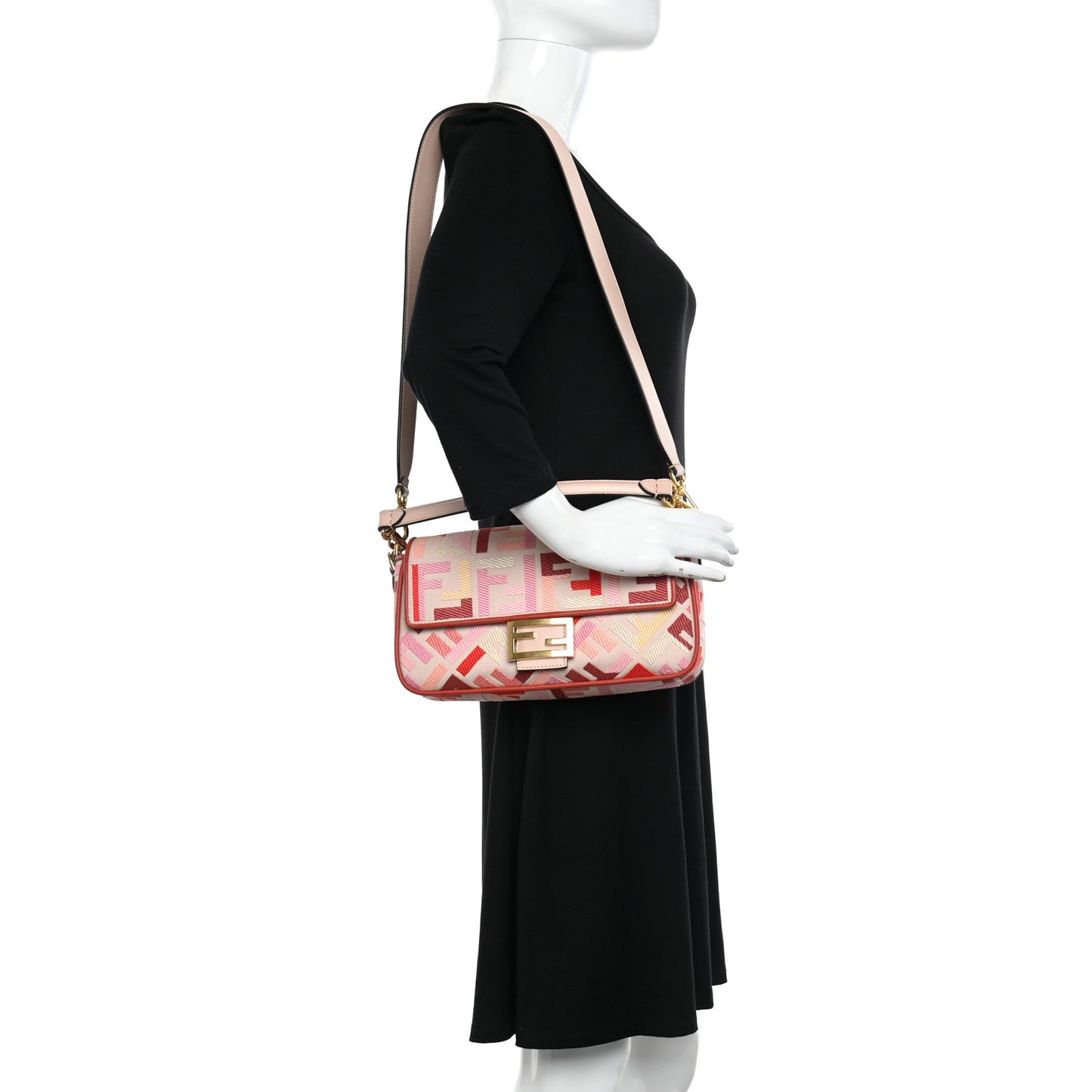 Canvas Vitello King FF Embroidered Baguette Rosa Quarzo Bloody Mary Multicolor