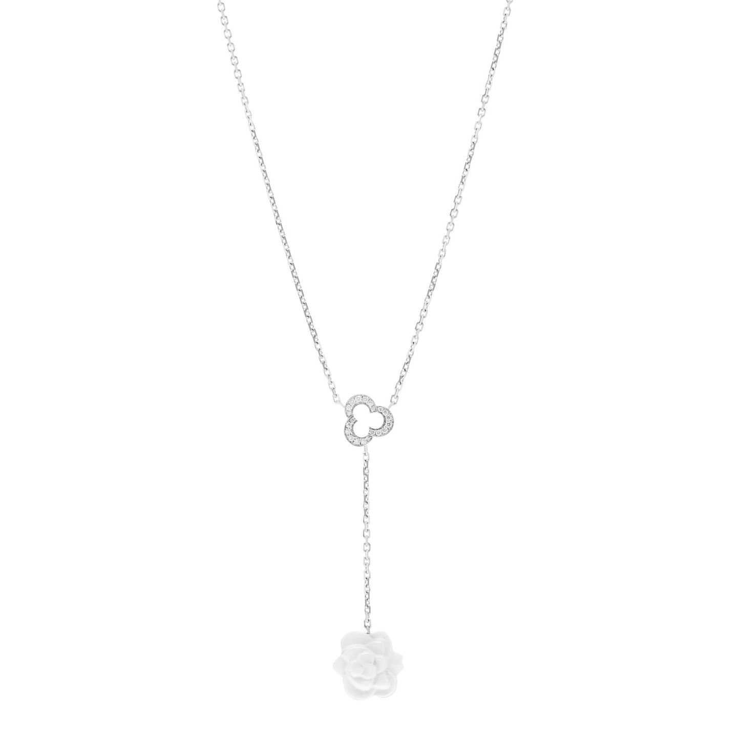 18K White Gold Diamond Agate Camelia Sculpte Pendant Necklace