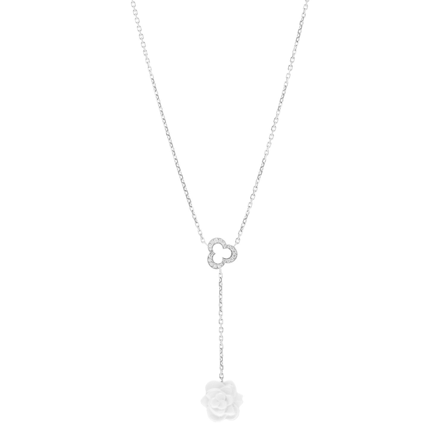 Chanel 18K White Gold Diamond Agate Camelia Sculpte Pendant Necklace 1 of 4