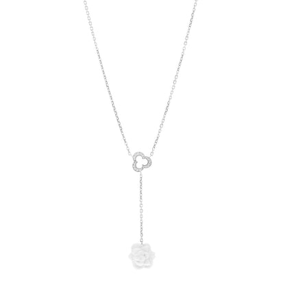 Chanel 18K White Gold Diamond Agate Camelia Sculpte Pendant Necklace 1 of 4