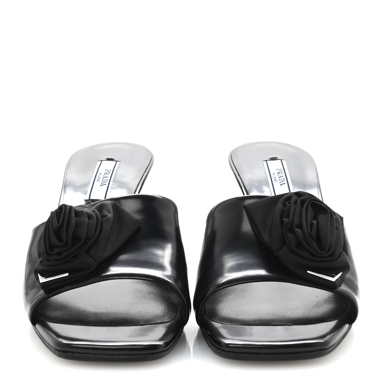 Prada Spazzolato Nylon Flower Metal Triangle Logo Slide Sandals 37 Black 3 of 9