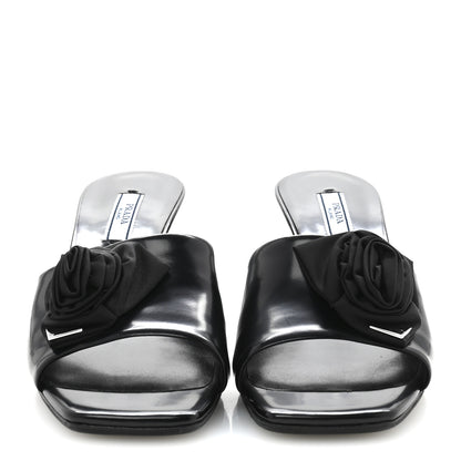 Prada Spazzolato Nylon Flower Metal Triangle Logo Slide Sandals 37 Black 3 of 9