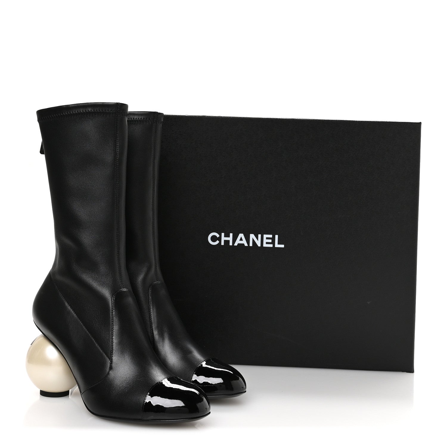 Chanel Stretch Lambskin Patent Cap Toe Pearl Ball Mid Calf Boots