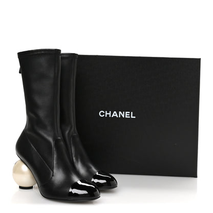 Chanel Stretch Lambskin Patent Cap Toe Pearl Ball Mid Calf Boots 38 Black 9 of 9