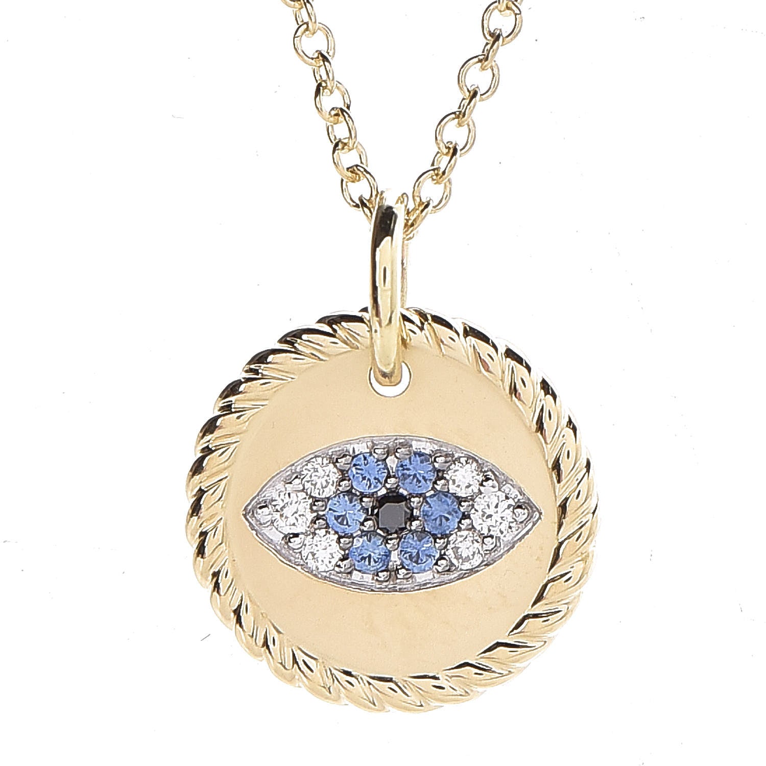 David Yurman 18K Yellow Gold Blue Sapphire Diamond Evil Eye Necklace 4 of 6