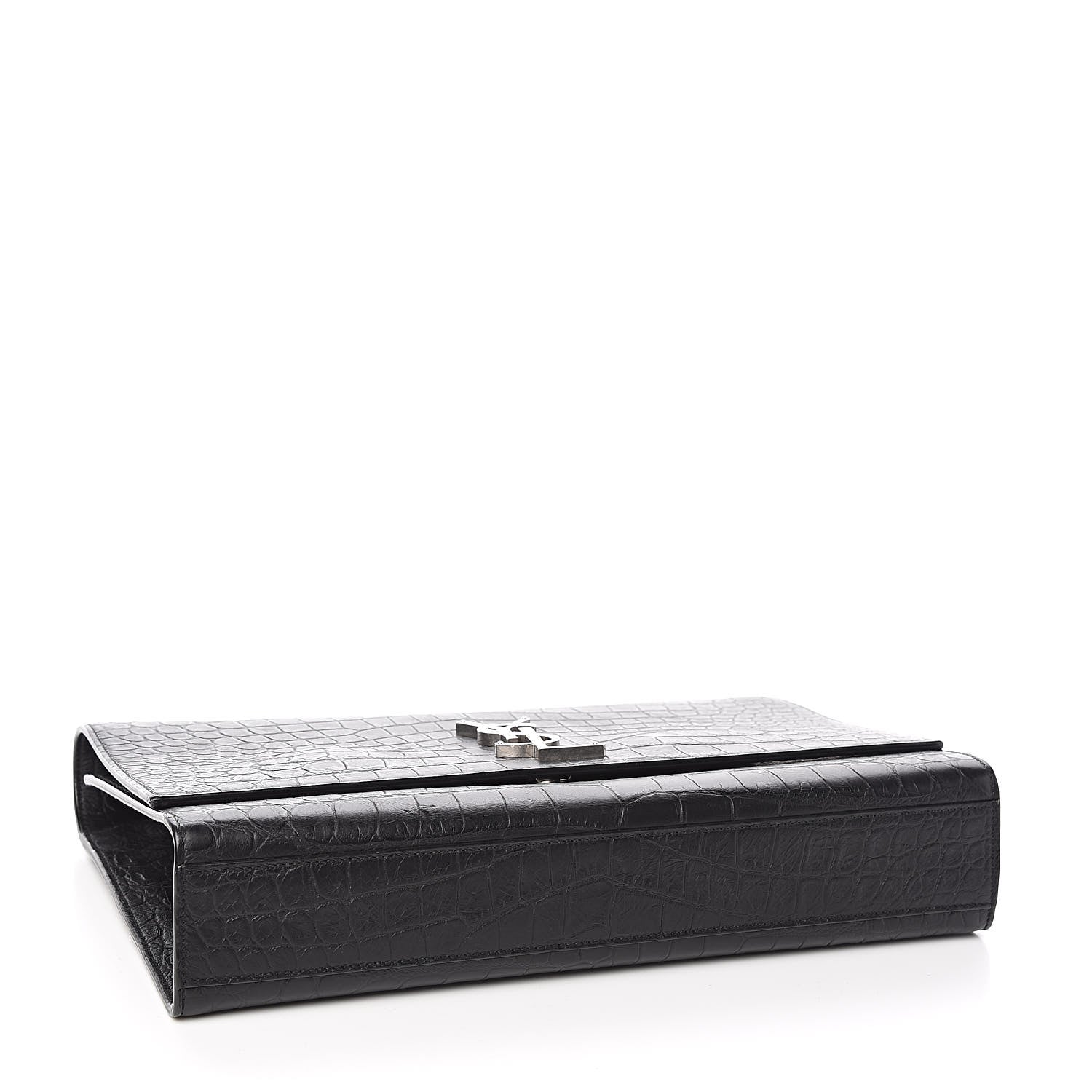 Saint Laurent Calfskin Crocodile Embossed Large Classic Monogram Kate Satchel Black 4 of 10
