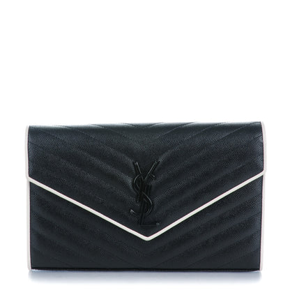 Saint Laurent Bi-Color Grain De Poudre Matelasse Chevron Monogram Chain Wallet Black White 1 of 8