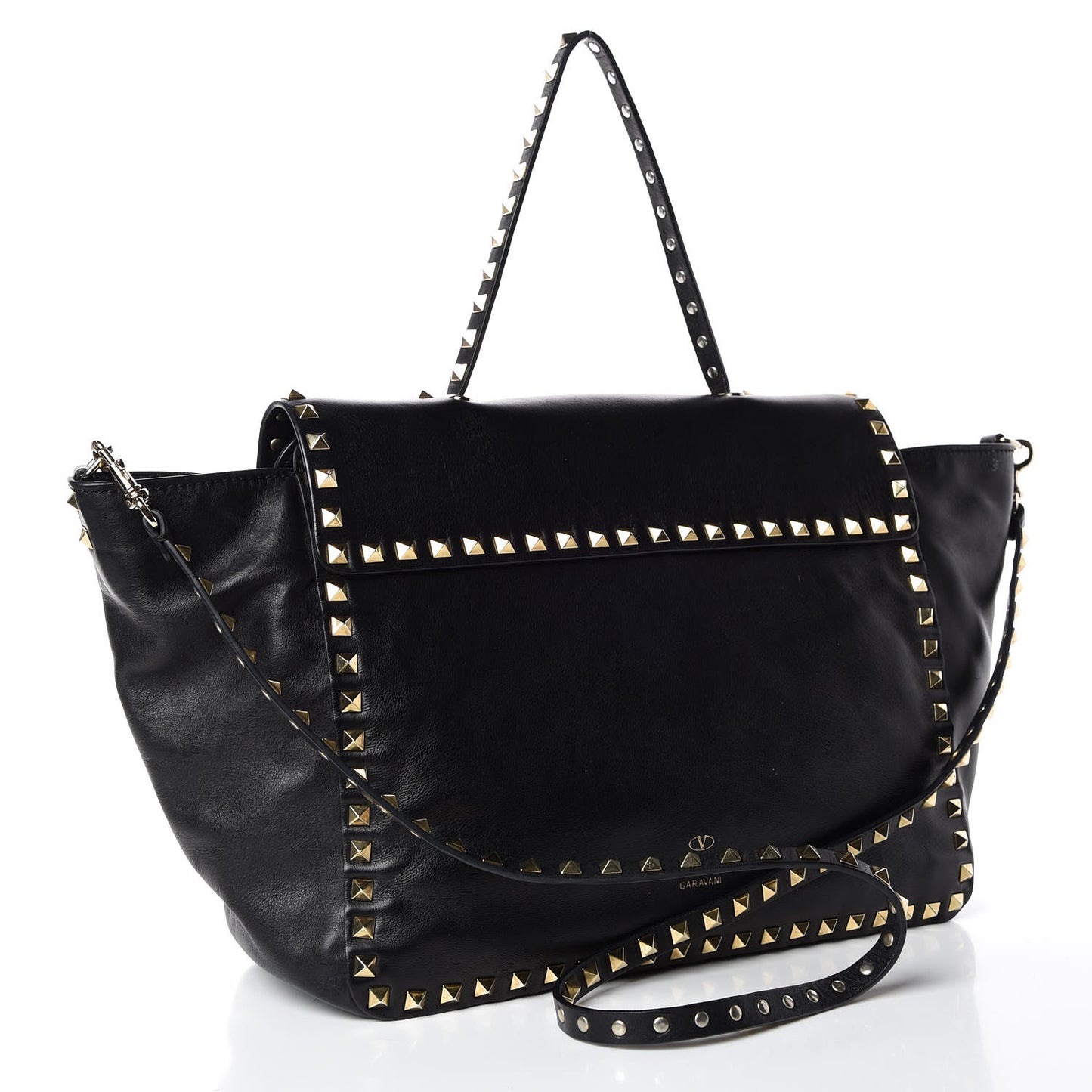 Vitello Rockstud Single Handle Flap Tote Black