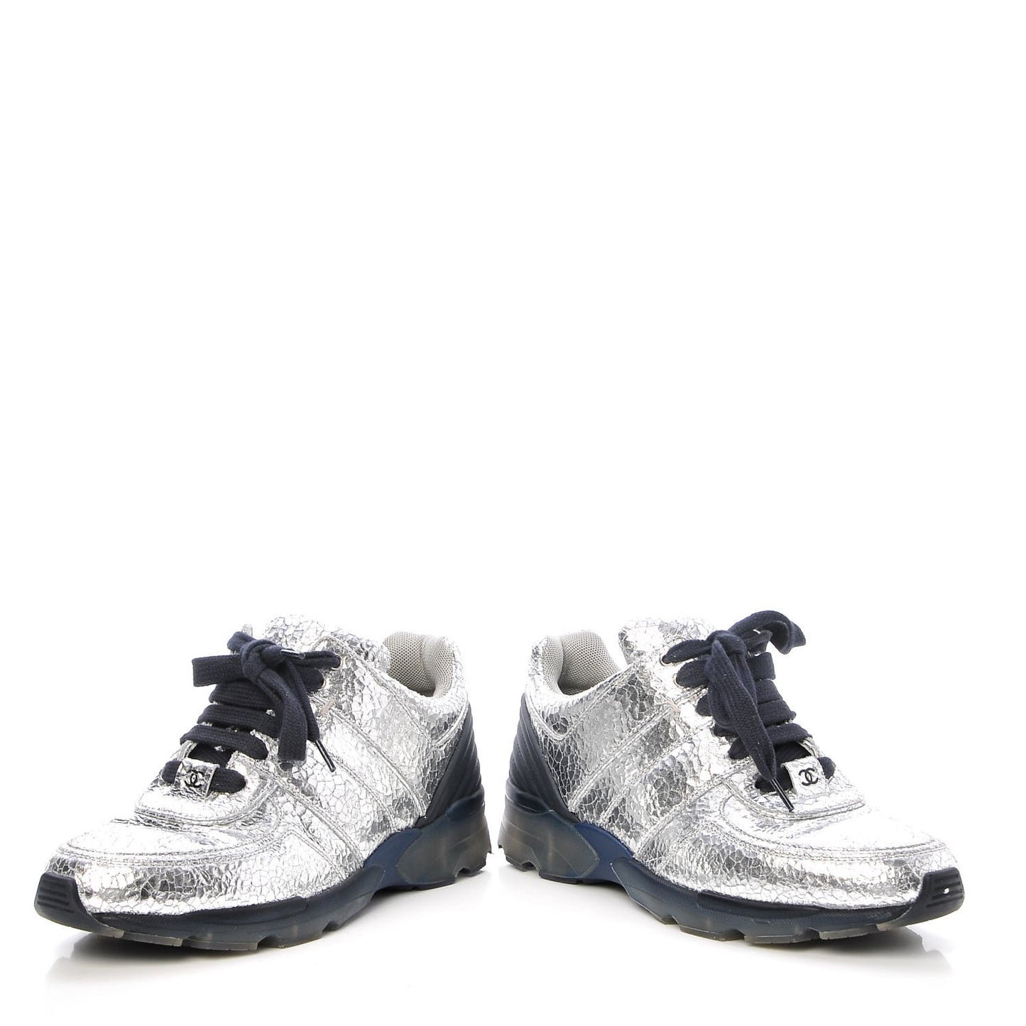 Metallic Crackled Calfskin CC Sneakers 37 Silver Black Navy