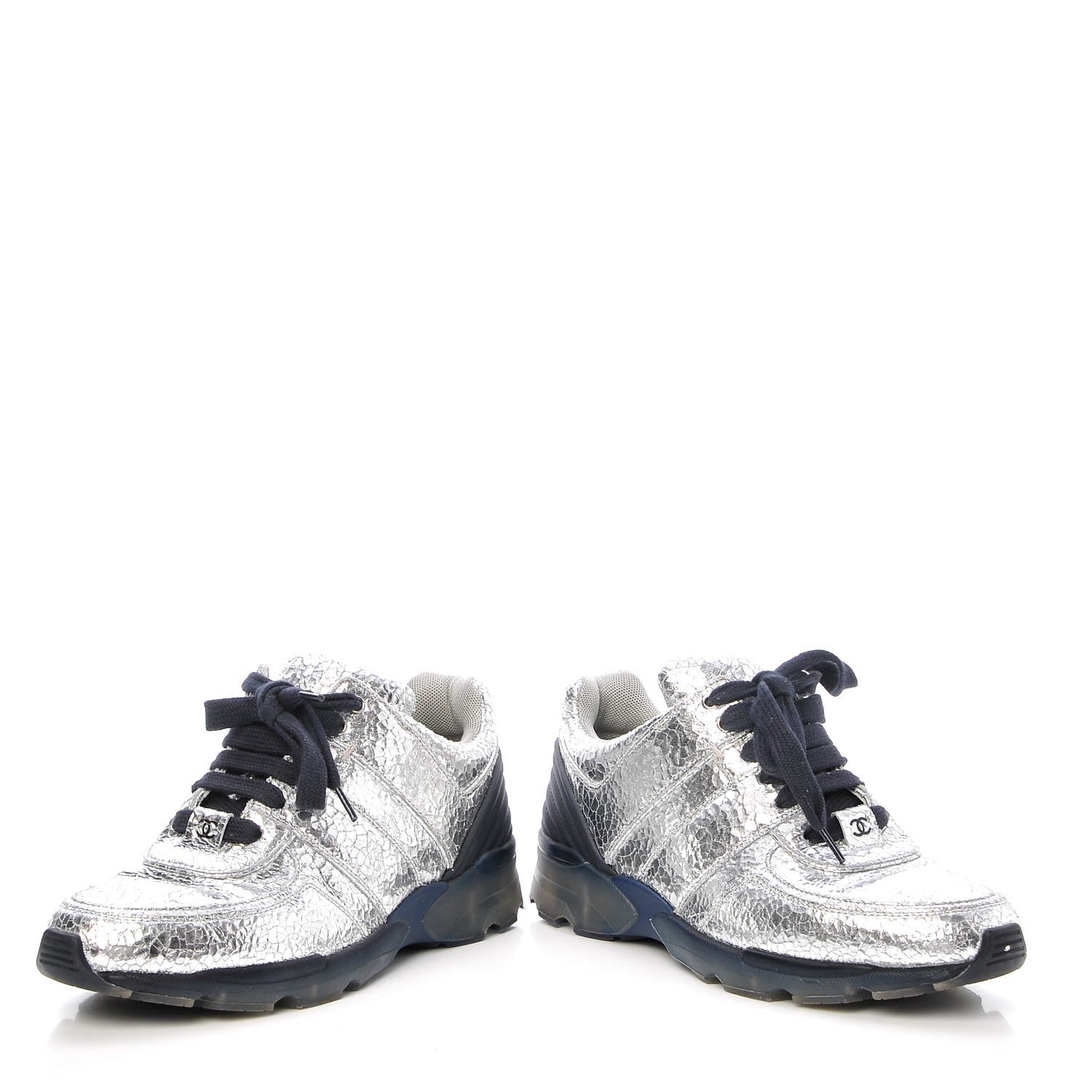 Chanel Metallic Crackled Calfskin CC Sneakers 37 Silver Black Navy 5 of 10