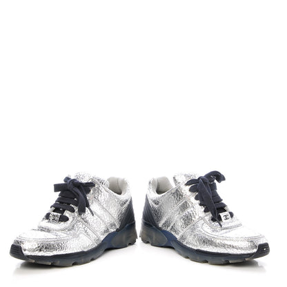 Chanel Metallic Crackled Calfskin CC Sneakers 37 Silver Black Navy 5 of 10