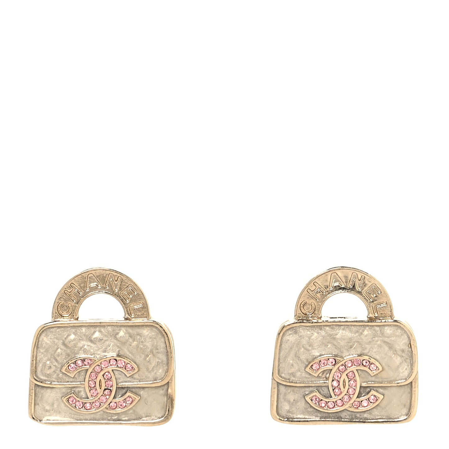Metal Crystal Resin CC Top Handle Bag Clip On Earrings Pink White Gold