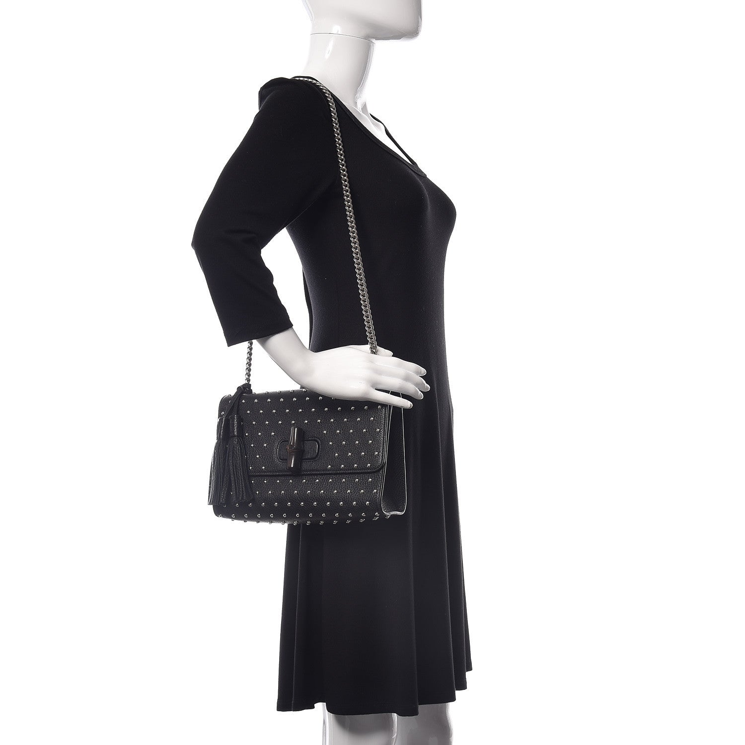 Gucci Calfskin Studded Medium Miss Bamboo Shoulder Bag Black 2 of 9