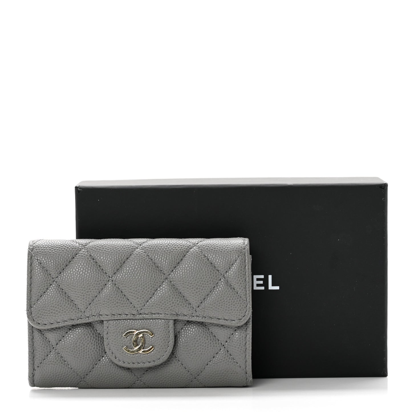 Caviar Quilted Flap Card Holder Wallet Dark Grey