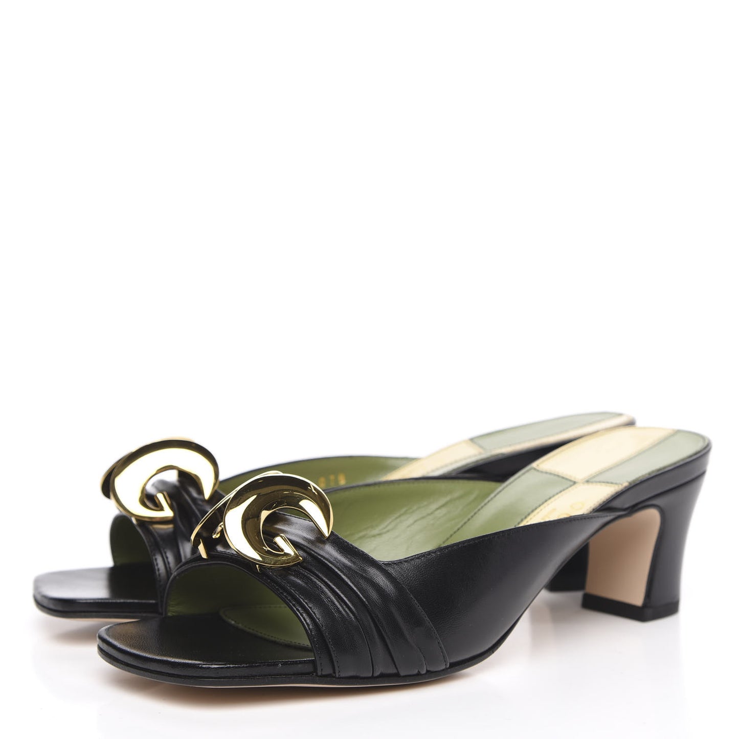 Calfskin Half Moon Mid Heel Slides 38 Black