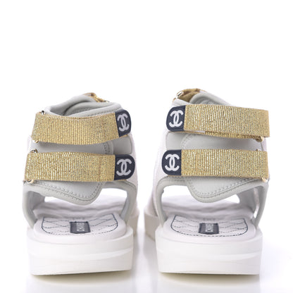 Chanel Goatskin Fabric Gladiator Sandals 41 White Light Grey Navy Blue 7 of 10