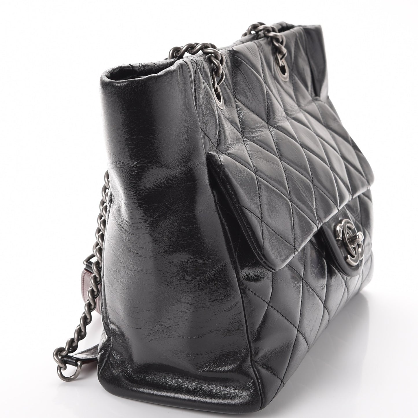 Glazed Calfskin Quilted Small Duo Color Tote Black