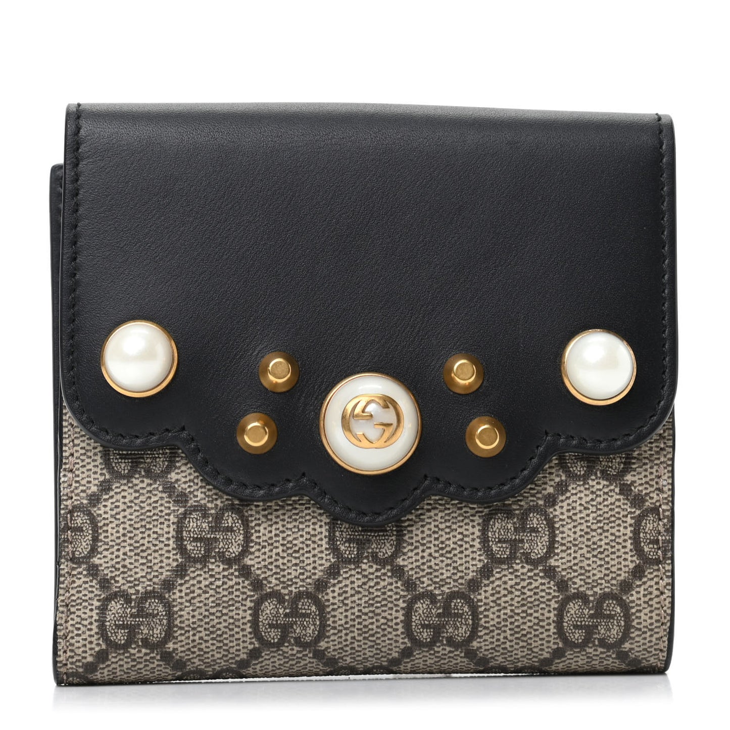 GG Supreme Monogram Pearl Studded French Wallet Black