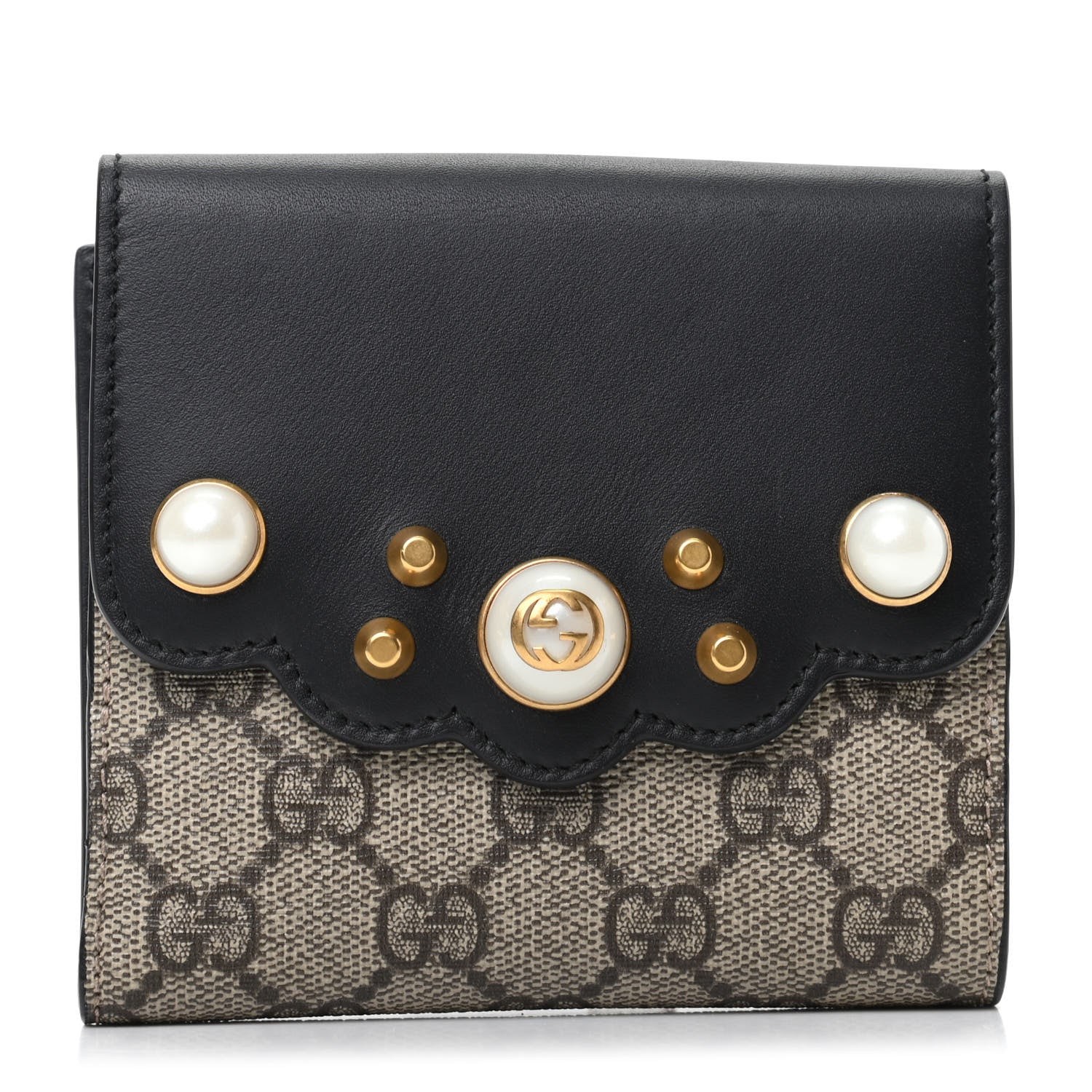 Gucci GG Supreme Monogram Pearl Studded French Wallet Black 1 of 8