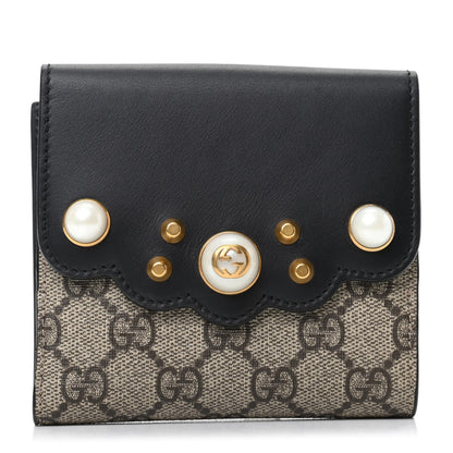 Gucci GG Supreme Monogram Pearl Studded French Wallet Black 1 of 8