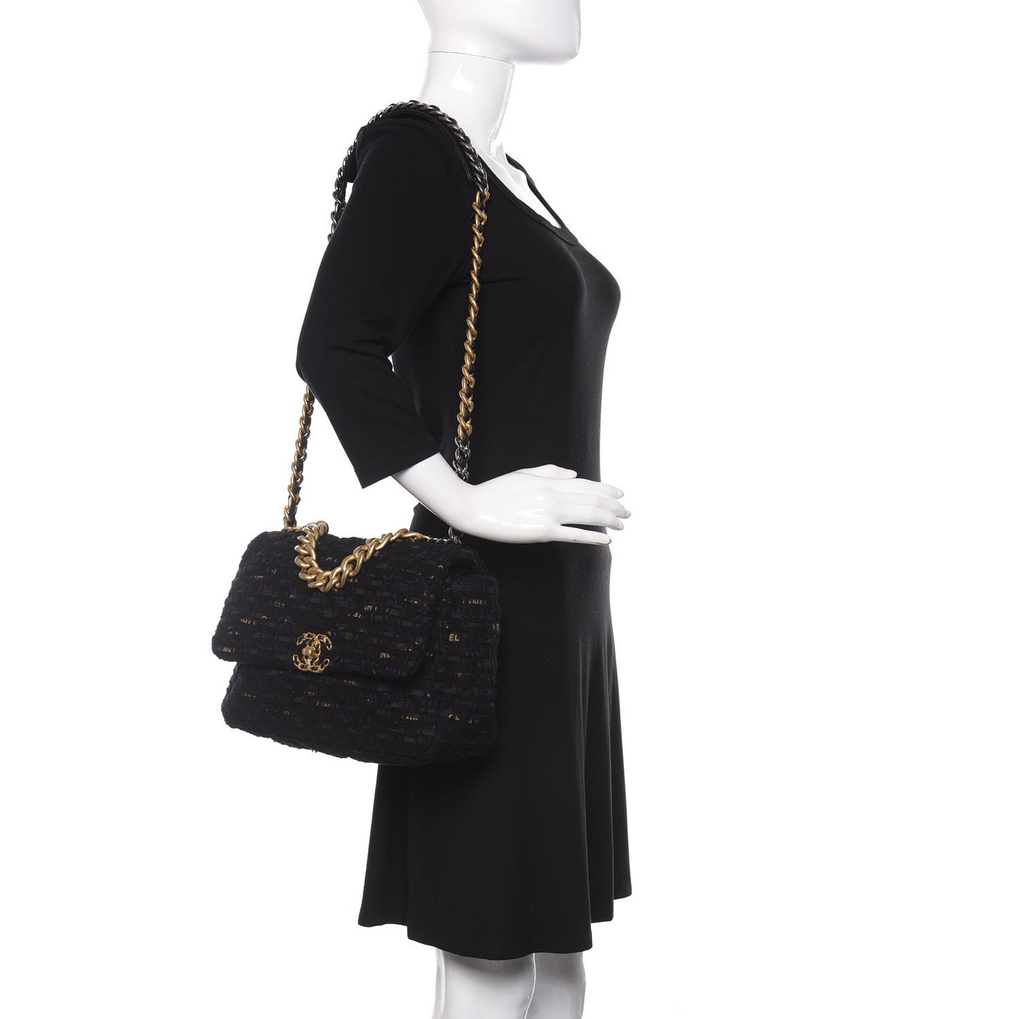 Tweed Quilted Large Chanel 19 Flap Black Navy Gold