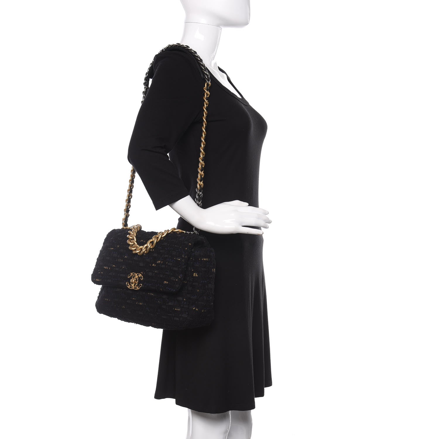 Chanel Tweed Quilted Large Chanel 19 Flap Black Navy Gold 2 of 9