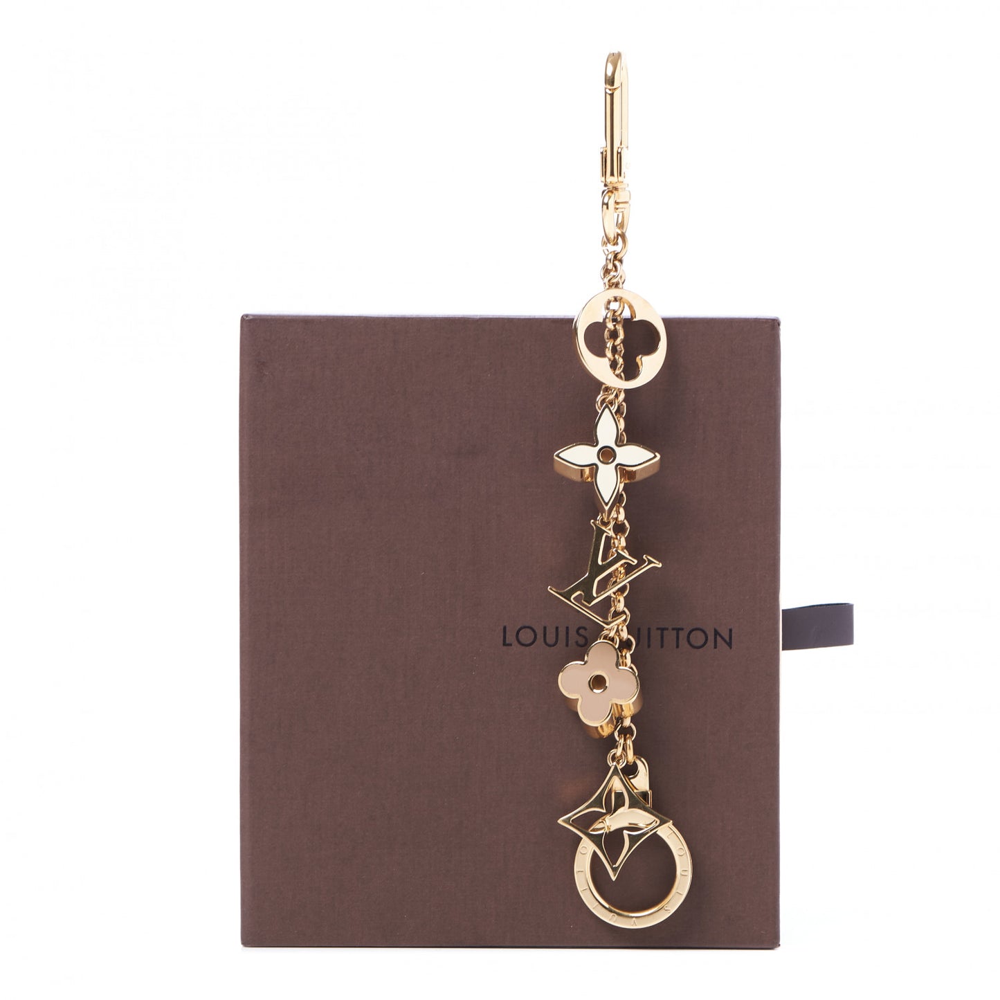 Brass Enamel Fleur De Monogram Bag Charm Chain Gold