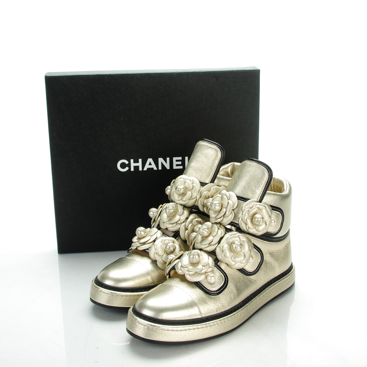Chanel Metallic Lambskin Pearl Camellia High Top Sneakers 40 Gold 7 of 8